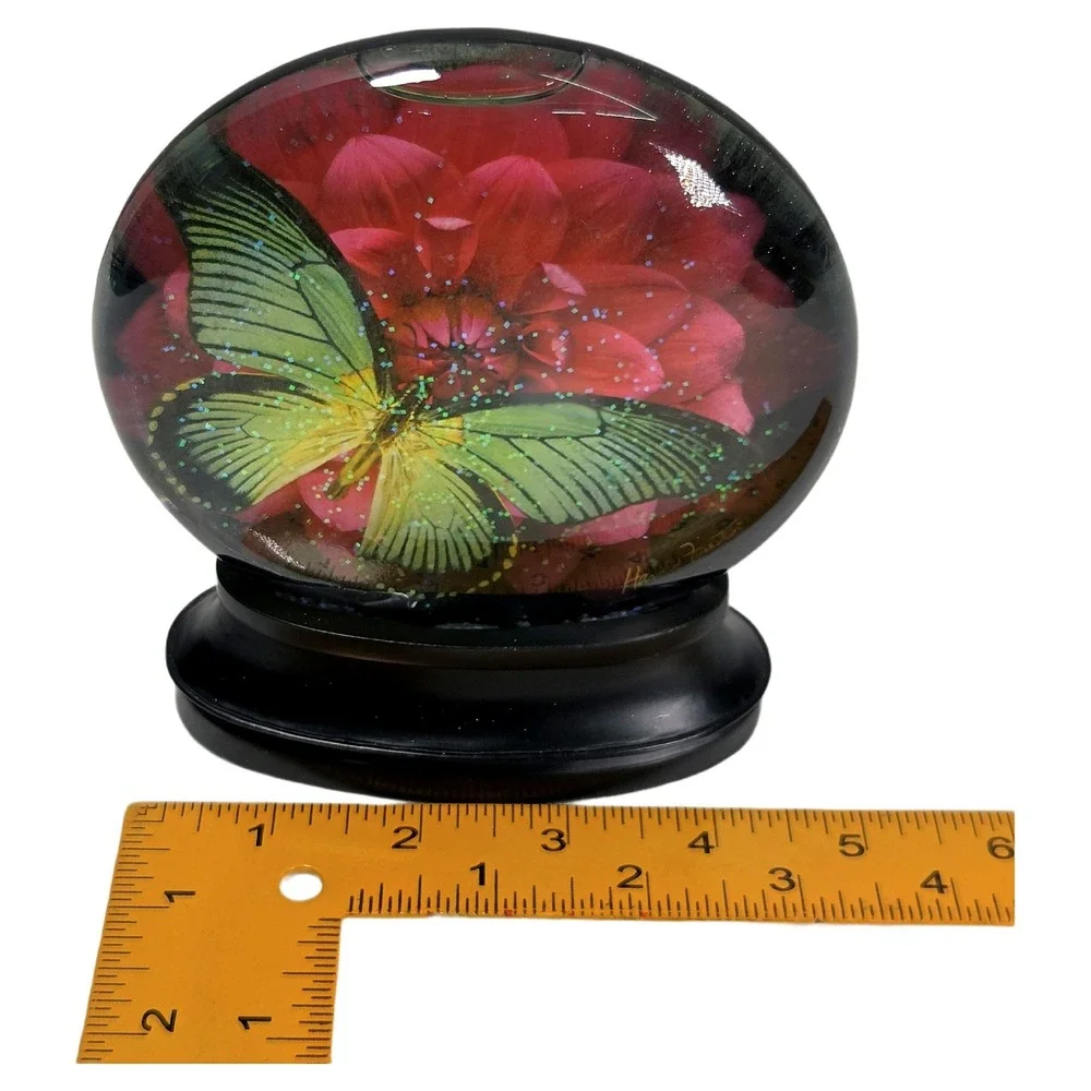 Harold Feinstein Butterfly Flower Water Globe Glitter Glass Paperweight 5.5in